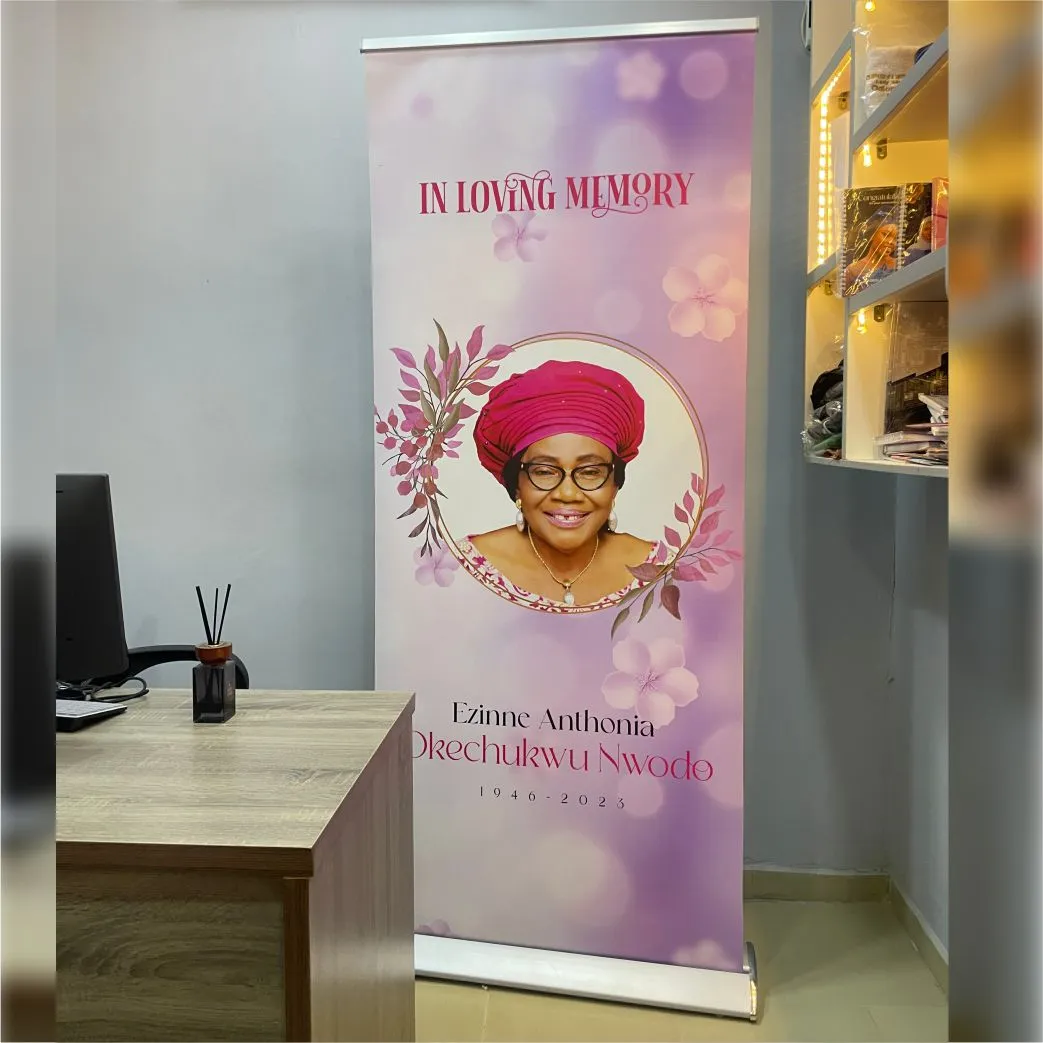 Customized high top quality custom branded retractable fashionable burial/funeral event roll up banner design and printing in Lagos, Abuja, Nigeria, Africa