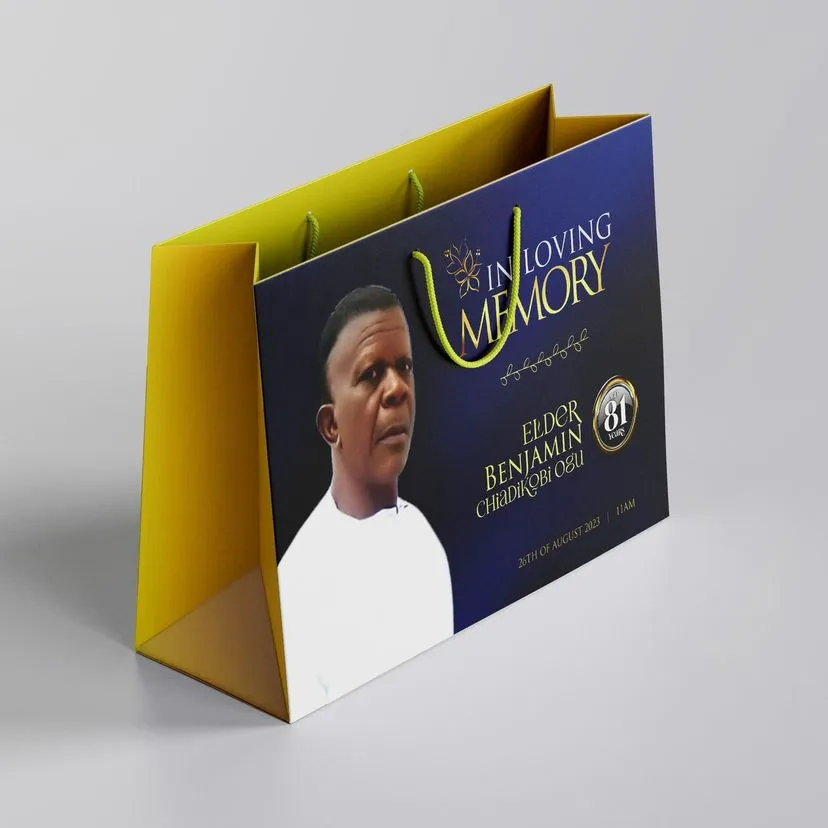 Best high top quality customized branded retractable fashionable funeral/burial paper bag design and printing in Lagos, Abuja, Nigeria, Africa.