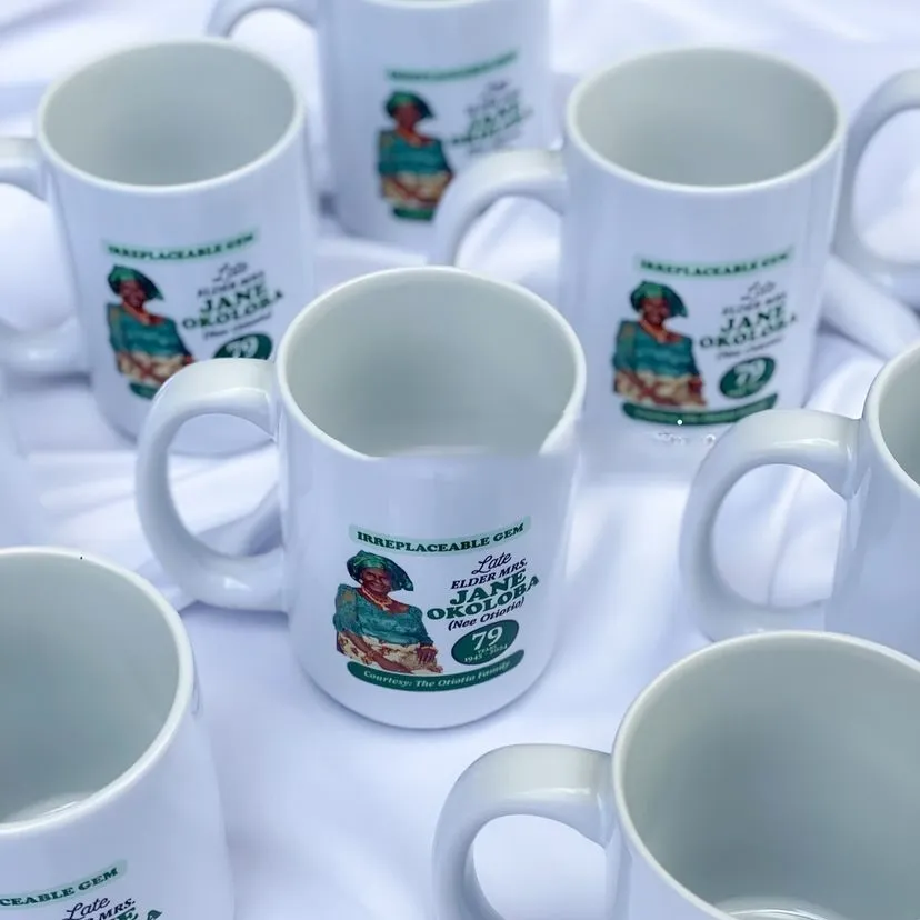 High best top quality customized branded custom funeral/burial event souvenir coated mugs design and printing
                                                            in Lagos, Abuja, Nigeria, Africa.
