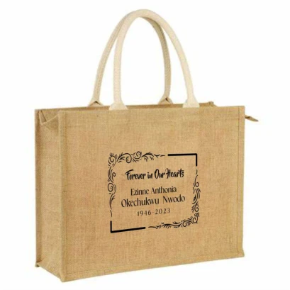 High best top quality customized branded custom premium funeral/burial event party souvenir gift item jute bag design and printing
                                                            in Lagos, Abuja, Nigeria, Africa.