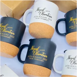 Customized high top quality custom branded promotional retractable fashionable luxury premium wedding/marriage event cork bottom coffee mug souvenir gift item design and printing in Lagos, Abuja, Nigeria, Africa