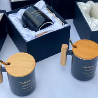 Customized high best quality top branded custom retractable promotional luxury corporate personalized wedding bamboo lid mug souvenir gift item design and printing in Lagos, Abuja, Nigeria, Africa.